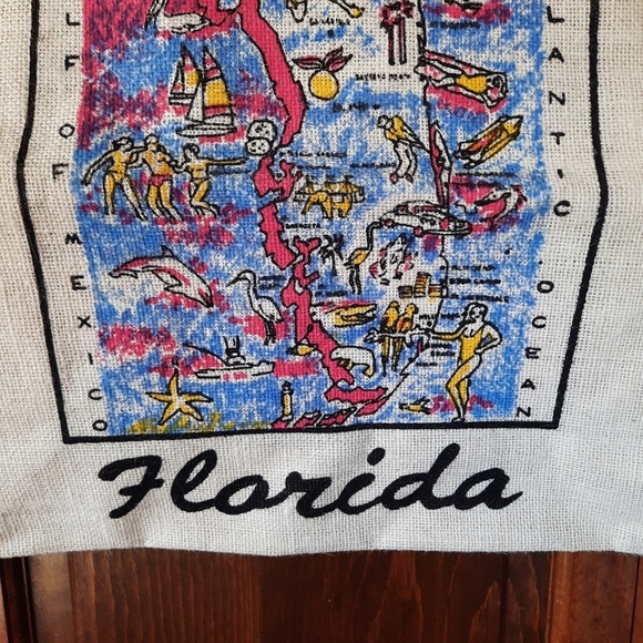 NWOT Vintage Florida graphic wood handle woven large reusable tote beach bag - Picture 5 of 9